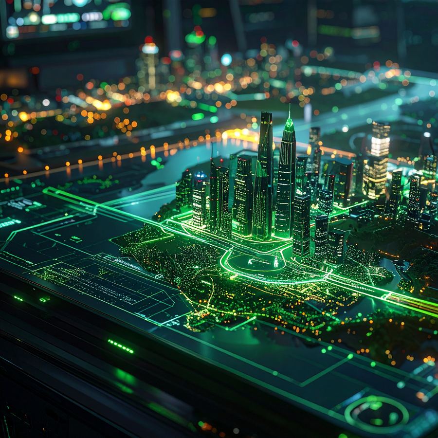 Imagine generată cu AI: model de oraș luminat cu linii verzi