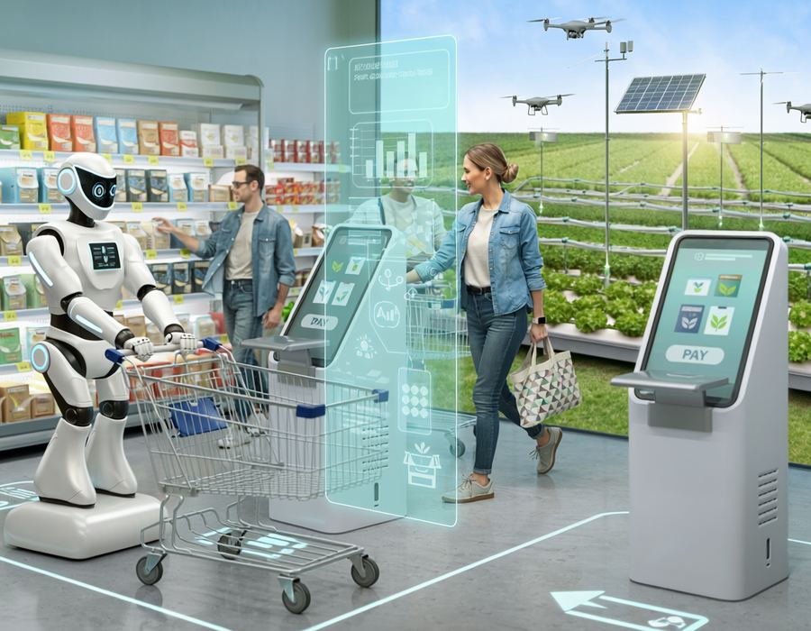 Imagine generată cu AI: un magazin cu robot, ecrane și ferma verticală în fundal